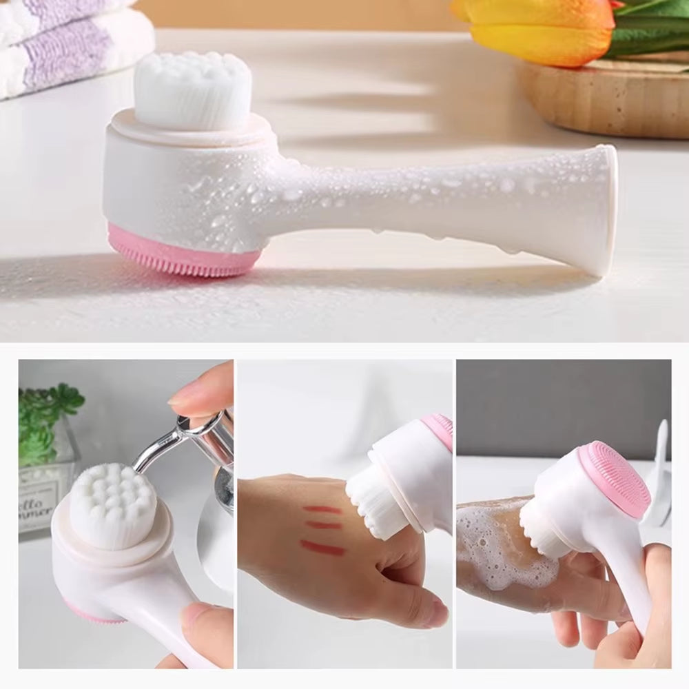 3D Double Side Face Washing Brush with OFT Fur Silica Instrument for Home Based Manual Face Clean and Pores Deep Cleanin