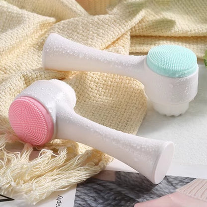 3D Double Side Face Washing Brush with OFT Fur Silica Instrument for Home Based Manual Face Clean and Pores Deep Cleanin